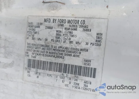 2010 Ford Ranger Xl/Xlt from USA, damaged, VIN 1FTKR1ED0APA29362